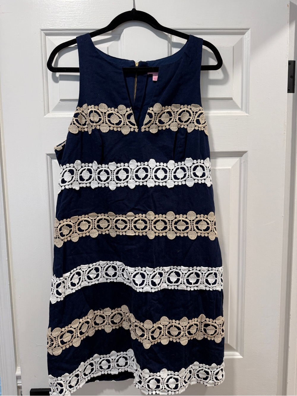 Lilly Pulitzer Navy Dress with White & Gold/Beige Lace Stripes